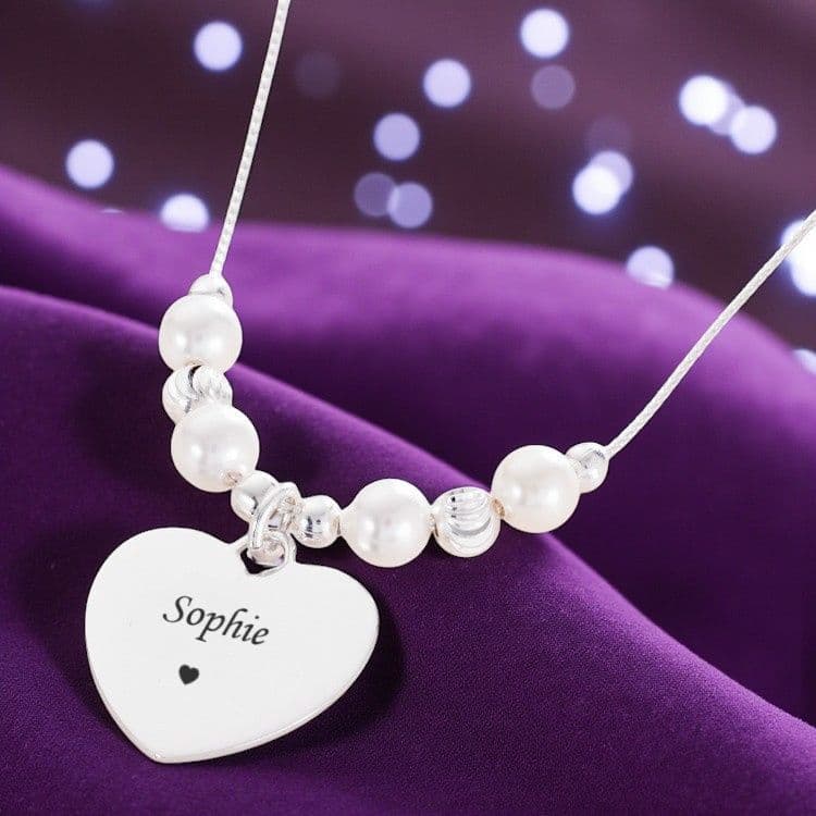Engraved Heart Necklace with Silver Beads & Pearls | Charming Engraving