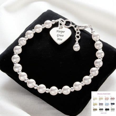 Engraved Heart Pearl & Stg Silver Bracelet