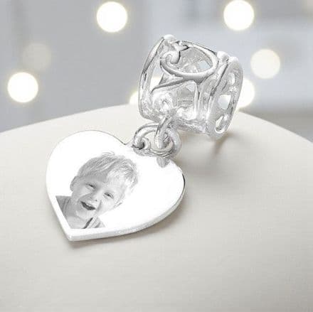 Engraved Heart Photo Charm, Sterling Silver, fits Pandora
