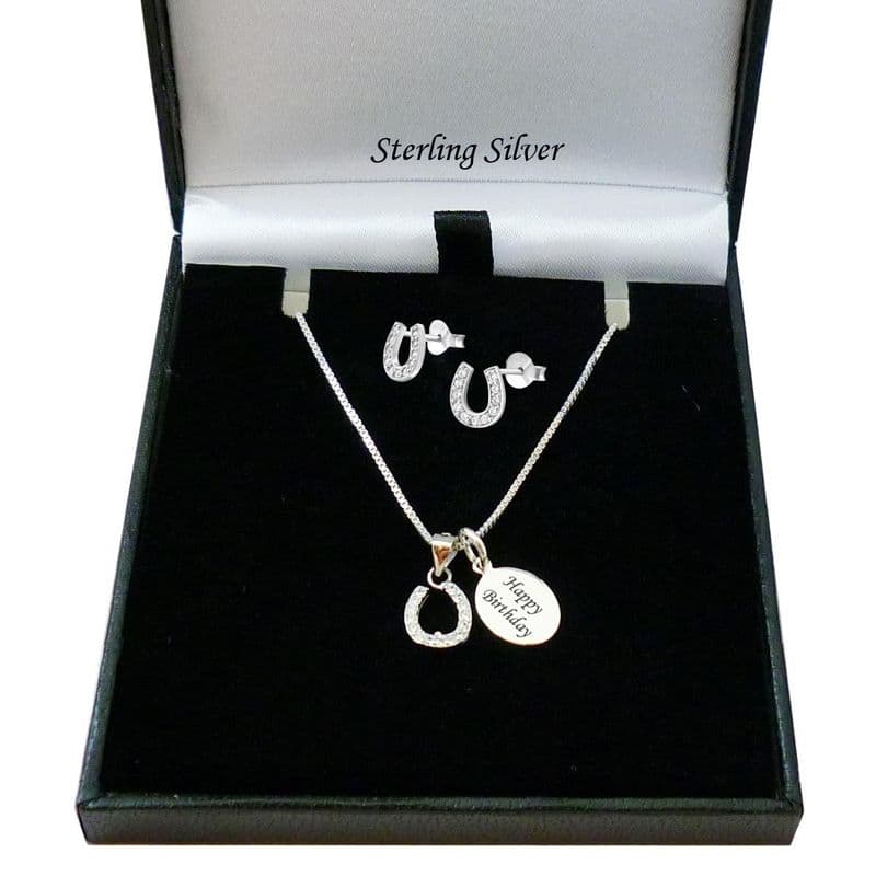Engraved Horseshoe Jewellery Set, Necklace and Earrings, 925 Silver | Charming Engraving