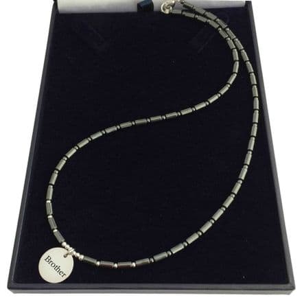Engraved Necklace for Man or Boy, Silver & Hematite
