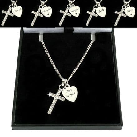 Engraved Necklace with Cross Pendant and Heart
