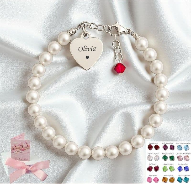 Engraved Pearl Bracelet with Birthstone Dangle. | Charming Engraving