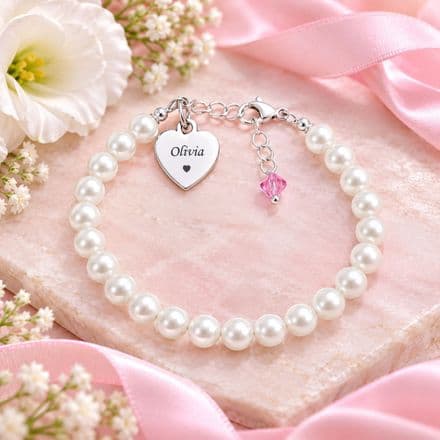 Engraved Pearl Bracelet with Birthstone Dangle.