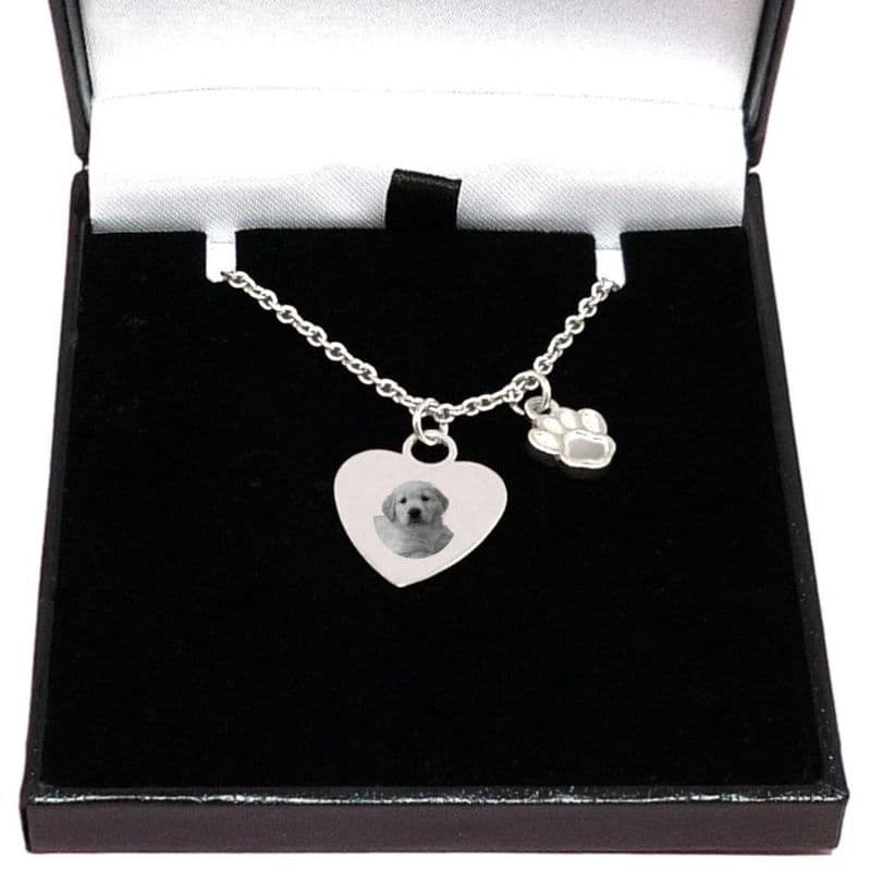 Pet Loss Memorial Gift, Engraved Photo Necklace with Paw Pendant | Charming Engraving