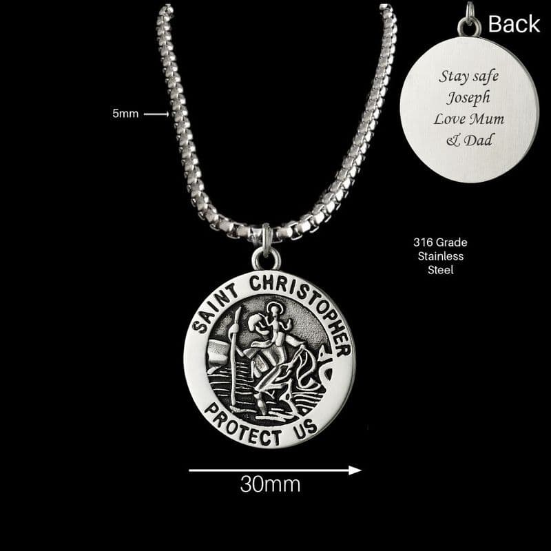 Engraved Saint Christopher Necklace, Chunky Chain. Stainless Steel | Charming Engraving