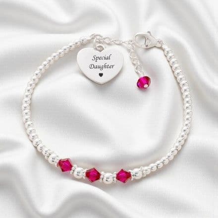 Engraved Silver Bead Bracelet with Birthstones