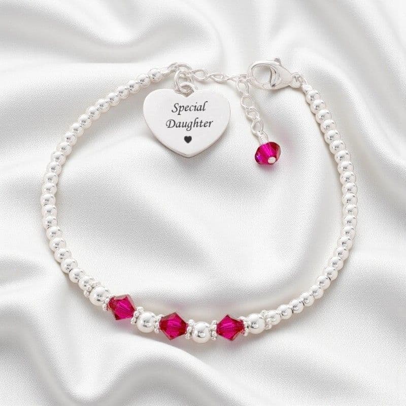 Engraved Silver Bead Bracelet with Birthstones | Charming Engraving