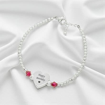 Engraved Silver Charm Bead Birthstone Bracelet