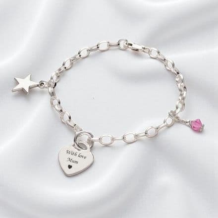 Engraved Silver Heart Bracelet, Birthstone & Star Charm
