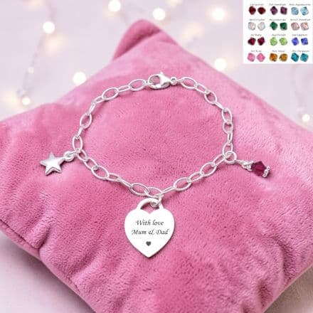 Engraved Silver Heart Bracelet, Birthstone & Star Charm