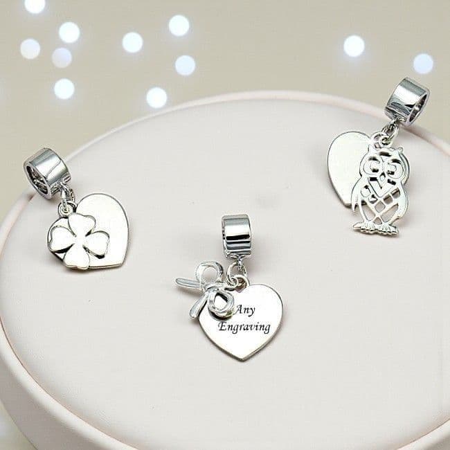 Engraved heart on Bail, Owl, Bow, Clover | Charming Engraving