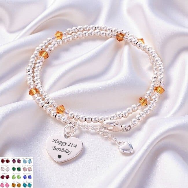 Beaded Birthstone Wrap Bracelet with Engraved Tag | Charming Engraving
