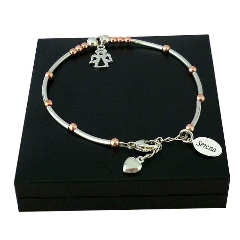 Engraved Sterling Silver and Rose Gold Bracelet with Angel | Charming Engraving