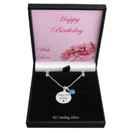 Engraved Sterling Silver Round Pendant Necklace with Birthstone