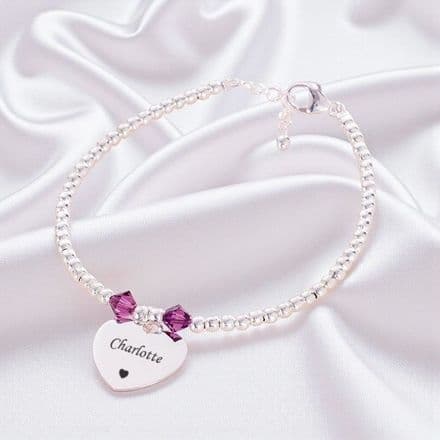 Engraved Stg Silver Bead Bracelet with Birthstones