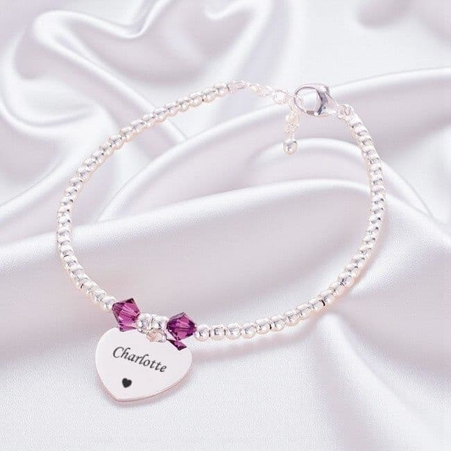 Engraved Stg Silver Bead Bracelet with Birthstones | Charming Engraving