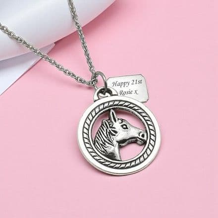 Engraved Tag with Horse Pendant Necklace