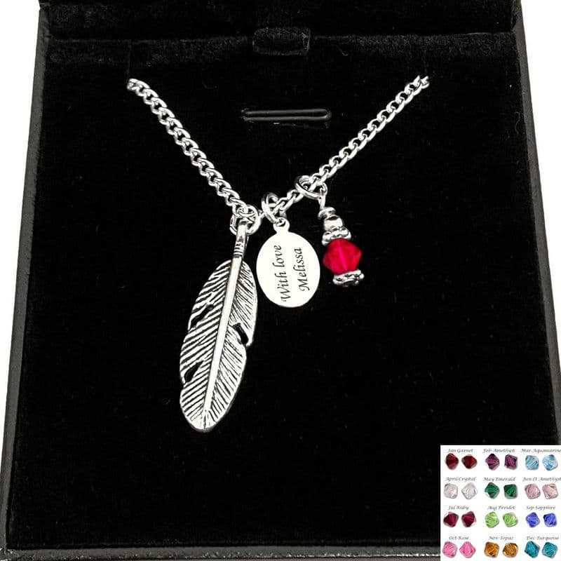 Feather and Birthstone Necklace with Engraving | Charming Engraving