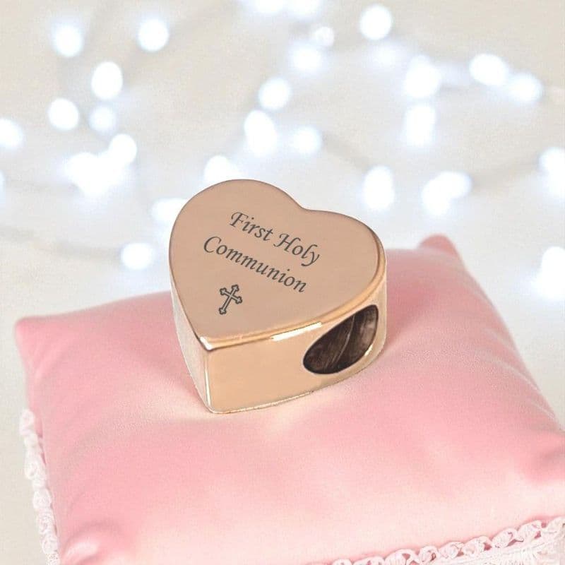 First Holy Communion Engraved Rose Gold Heart Bead | Charming Engraving