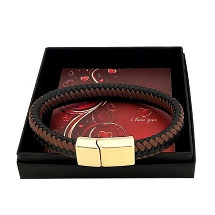 Gift Boxed Brown & Black Leather Bracelet for a Man or Boy.