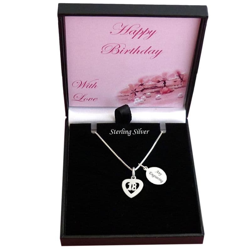 Gift Boxed, Sterling Silver Necklace with 18 Pendant, Engraved | Charming Engraving