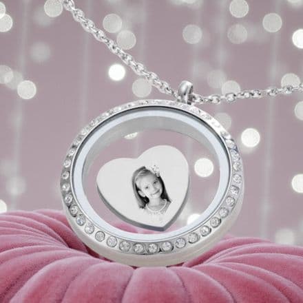 Glass Locket with Personalised Floating Charm, Engraved Photo and Any Words
