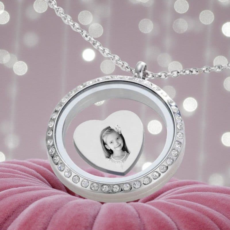 Glass Locket with Personalised Floating Charm, Engraved Photo and Any Words | Charming Engraving