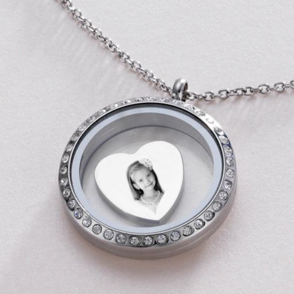 Glass Locket with Personalised Floating Charm,  Engraved Photo and Any Words | Charming Engraving