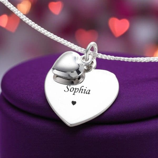 Heart Charm on Heart Necklace - Sterling Silver | Charming Engraving