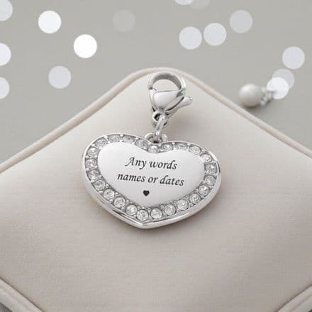 Heart charm with crystals on lobster, Any Engraving.