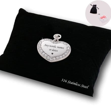 Heart charm with crystals on split ring, Any Engraving.