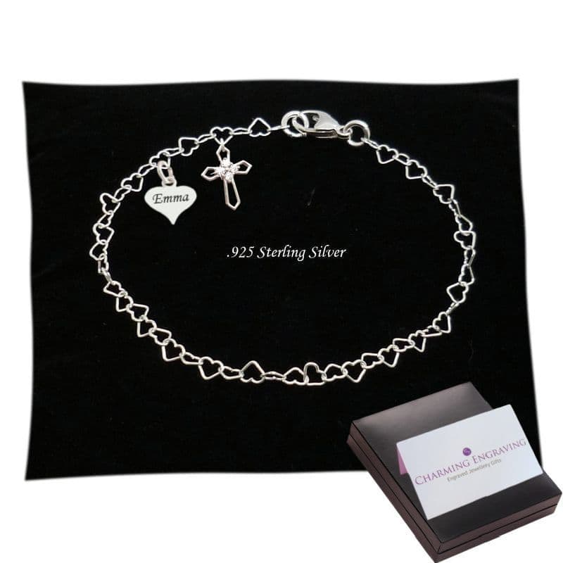 Heart Link Chain Bracelet with Cross Charm and Engraved Heart Tag, Sterling Silver | Charming Engraving