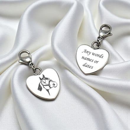 Horse Head Heart Charm with Engraving and Clasp