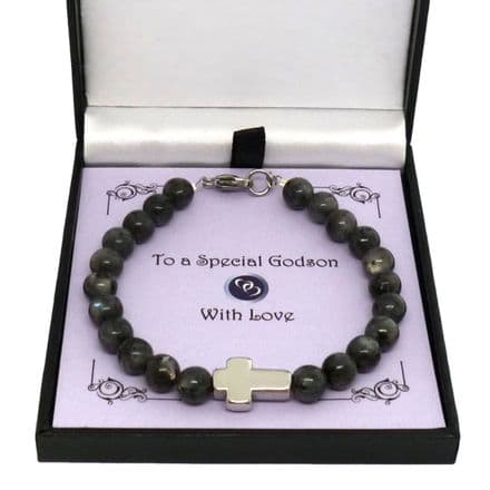 Labradorite Gemstone Bracelet for a Man with Cross Bead