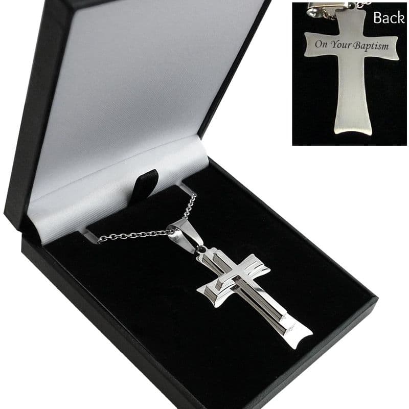 Large Silver Steel Cross Necklace, Personalised, Any Engraving | Charming Engraving