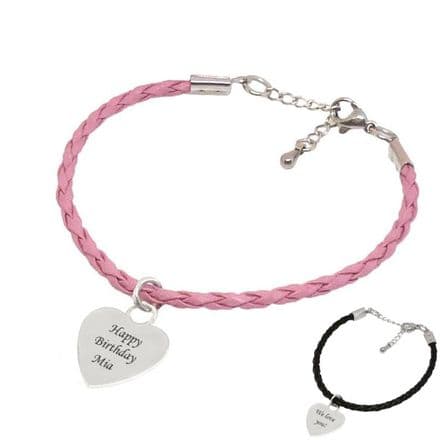 Leather Braided Cord Bracelet, Engravable Heart Charm