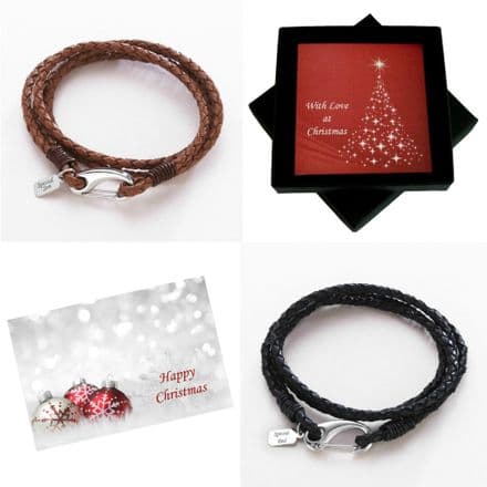 Leather Wrap Around Bracelet with Engraving in Christmas Box