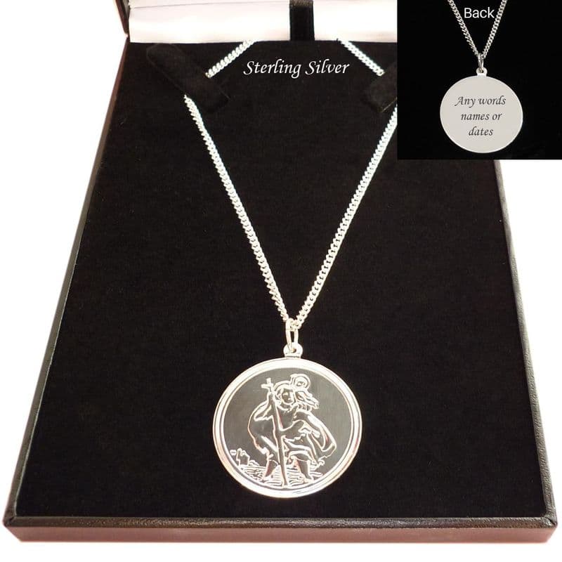 Luxury, Personalised, 30mm Saint Christopher Necklace. 925 Sterling Silver| Charming Engraving