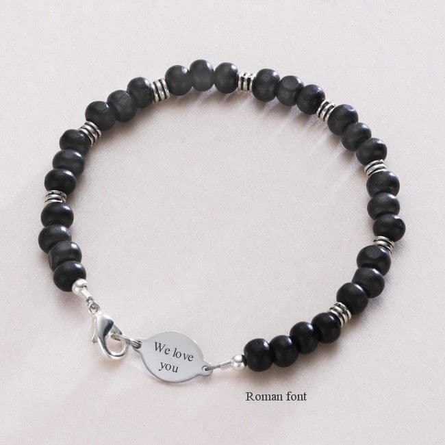 Man's Black Beaded Bracelet with Engraved Link | Charming Engraving