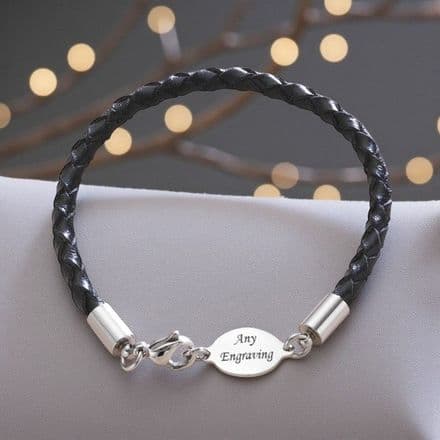 Man's Leather Bracelet with Engraved Link. Black or Brown