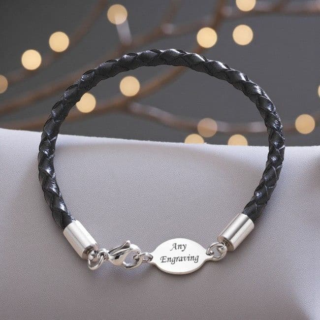 Man's Leather Bracelet with Engravable Link | Charming Engraving