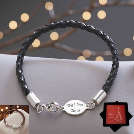 Man's Leather Bracelet with Engraving in Christmas Gift Box