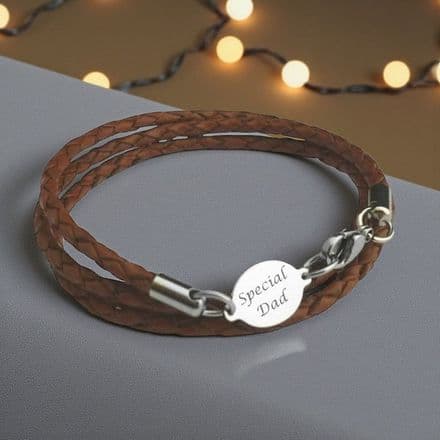 Man's Leather Wrap Bracelet with Engraved Link