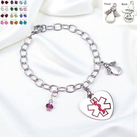 Medical Bracelet with Angel and Birthstone Charms
