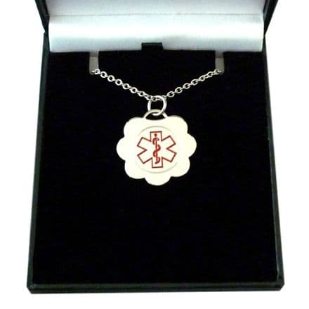 Medical Necklace with Engraving in Gift Box, Flower Pendant