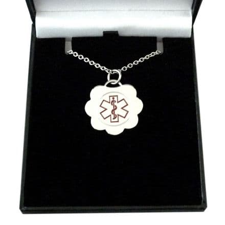 Medical Necklace with Engraving in Gift Box, Flower Pendant