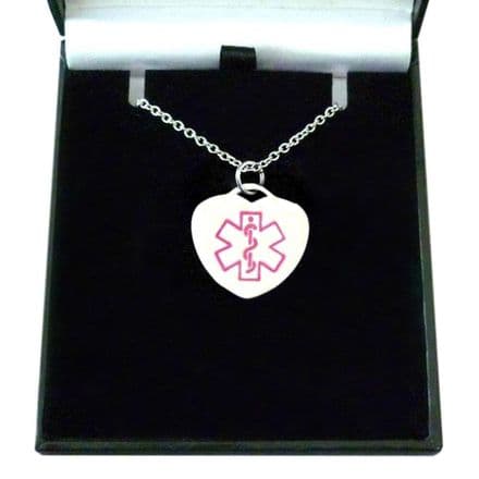 Medical Necklace with Engraving in Gift Box, Heart, Pink