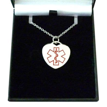 Medical Necklace with Engraving in Gift Box, Heart, Red