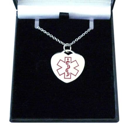 Medical Necklace with Engraving in Gift Box, Heart, Red